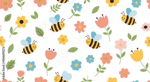 Adorable seamless pattern with cute smiling bees flying around colorful spring flowers and green leaves isolated on a clean white background.