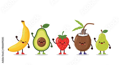 Adorable collection of cute kawaii fruit characters including a banana avocado and strawberry waving happily for a healthy eating concept.
