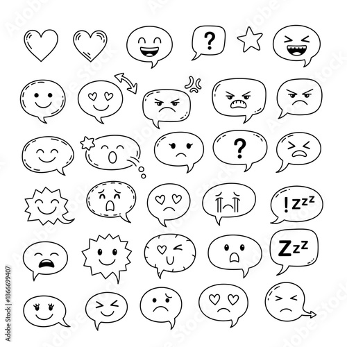 Hand-drawn doodle vector emoticons set with speech bubbles, depicting various human emotions and facial expressions for communication, social media, and chat design