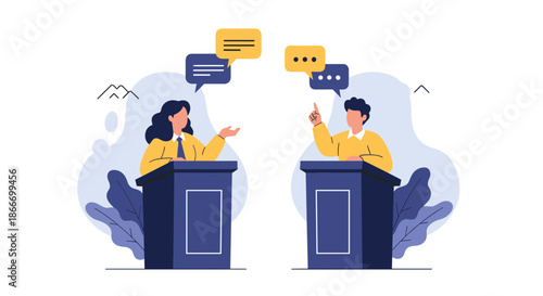 Man and woman engaged in a public debate or discussion standing at podiums with speech bubbles illustrating political or business talk.