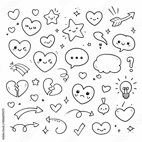 Hand-drawn Doodle Icons Hearts, Stars, Arrows, and Thought Bubbles for Creative Expression