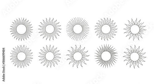 Collection of ten mystical sun icons with radiating beams in a vintage esoteric line art style for magical and astrological designs.