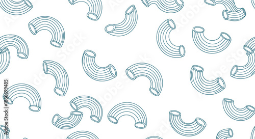 Simple seamless pattern of blue outline elbow macaroni pasta randomly scattered on a clean white background for a minimalist food design.