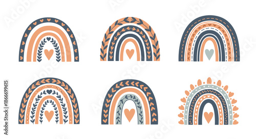 Set of six cute boho-style rainbows with hearts and botanical patterns in a terracotta and blue color palette for nursery decor.
