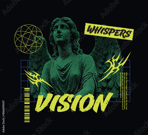 Streetwear illustration design of ANGEL with slogan for t-shirts, hoodies, and sweatshirts. Isolated on dark background and distortion artwork