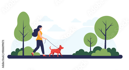 Young woman enjoying a relaxing walk with her dog on a leash in a beautiful green city park with trees and bushes in the summer.