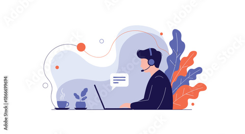 Male customer service agent with a headset and microphone working on a laptop providing online support in a modern flat illustration.