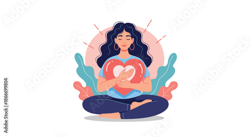 Illustration of a serene woman practicing self-love and care by sitting in a meditation pose and hugging a large red heart.
