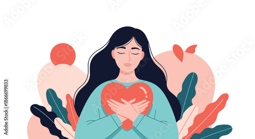Beautiful woman with eyes closed hugging a heart to her chest in a concept of self-love self-care and mental harmony illustration.