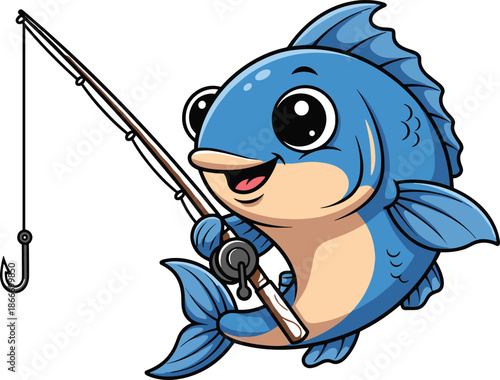 Cute cartoon blue fish holding fishing rod, smiling fisherman mascot illustration, fun aquatic character design, isolated on white background