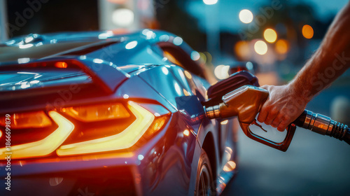 Evening fuel fill-up at an urban gas station with vibrant city lights shining