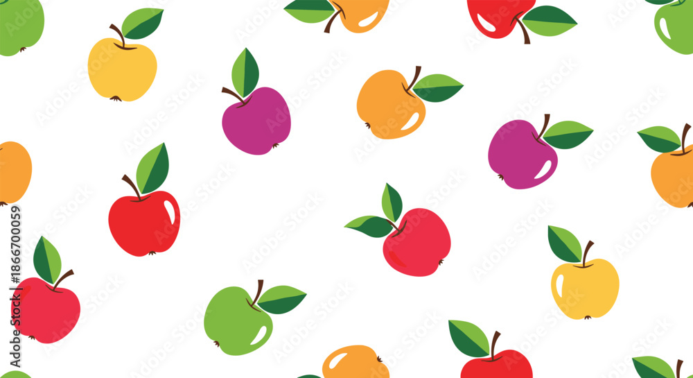 Obraz premium Seamless pattern background of colorful cartoon apples in red green yellow and purple for a fun and healthy fruit-themed design.