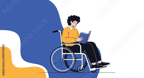 Young person with a disability sitting in a wheelchair and enjoying reading a book illustrating education and inclusion concepts.