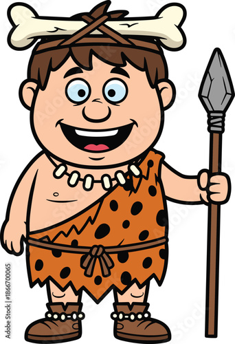Cute cartoon caveman character holding spear, prehistoric boy illustration, smiling stone age hunter mascot, isolated on white background