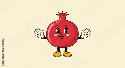 Surprised retro cartoon mascot of a pomegranate fruit character with a vintage face and limbs in a classic animation art style.