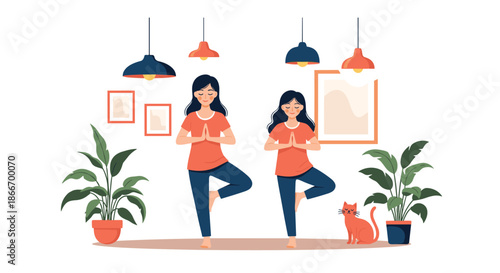 Mother and daughter practicing yoga together in the tree pose at home in a cozy living room promoting family wellness and fitness.