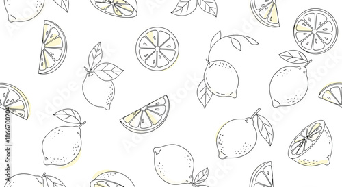 Seamless pattern with hand-drawn lemon fruits and slices in an outline style with a touch of yellow watercolor for a fresh design.
