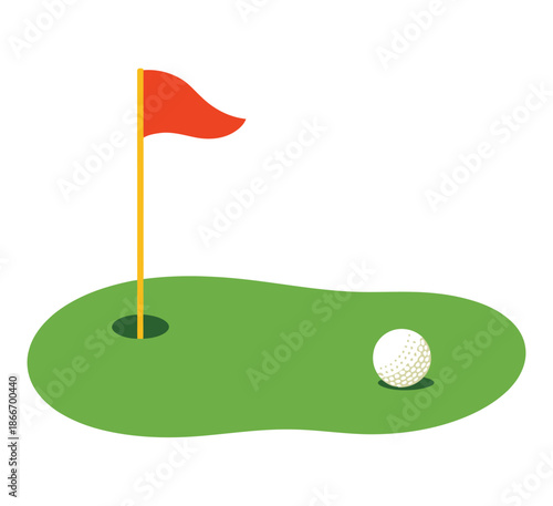 Golf Course, Flagstick, and Golf Ball Icon, Vector Illustration Featuring Sports Symbols, Golf Hole Elements, Recreation Graphics, Flat Design