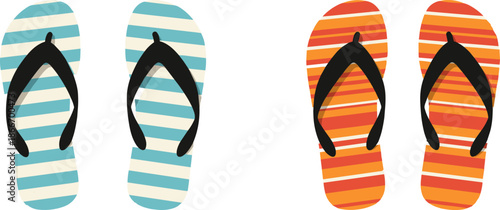Colorful summer flip-flops vector illustration, flat beach footwear icons with striped patterns, seasonal vacation and travel sandals for holiday tropical leisure theme