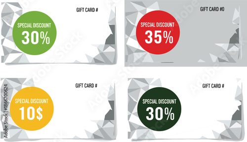 Set of gift card templates with special discount percentage off and ten dollars cash value, modern geometric polygon background for marketing promotions