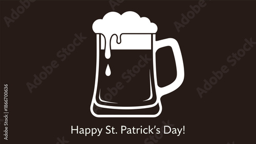 St. Patrick's Day beer mug illustration, minimalist white stout glass with foam on dark background, festive Irish pub holiday graphic for seasonal marketing