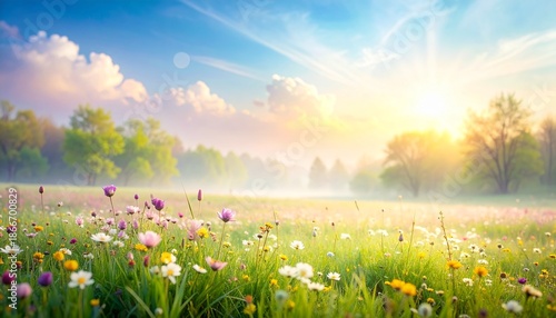 A beautiful, vibrant meadow filled with colorful wildflowers under a bright morning sun, with a gentle mist rising in the background and lush green trees on the horizon.