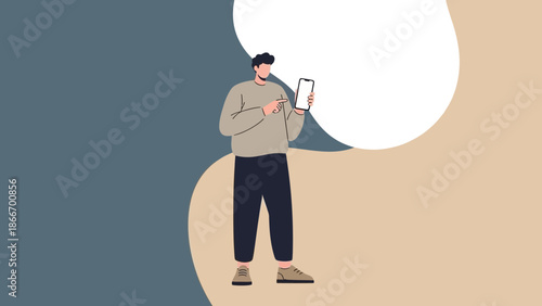 Man holding smartphone, pointing at screen, modern flat illustration, abstract background