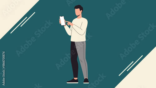 Man Holding Smartphone, Touching Screen, Modern Flat Illustration