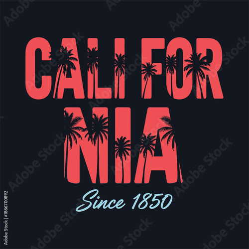 Vintage California palm tree summer apparel design, retro sunset pink typography graphic with tropical beach trees, coastal West Coast streetwear for vacation fashion