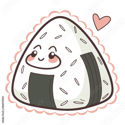 Smiling onigiri, an adorable Kawaii Sticker, representing Japanese food. This charming cartoon rice ball brings a sweet, cheerful expression