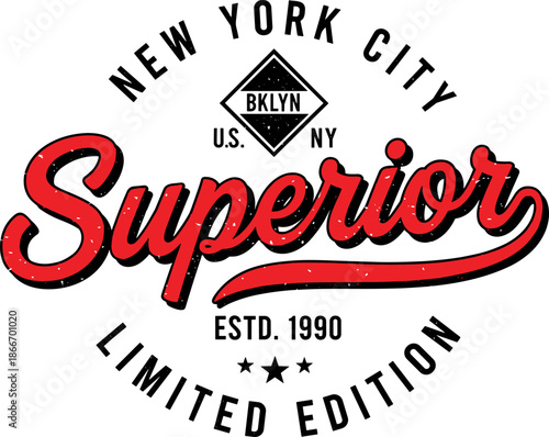Vintage New York City superior limited edition red script typography, retro Brooklyn U.S. NY collegiate varsity graphic for urban streetwear apparel and clothing