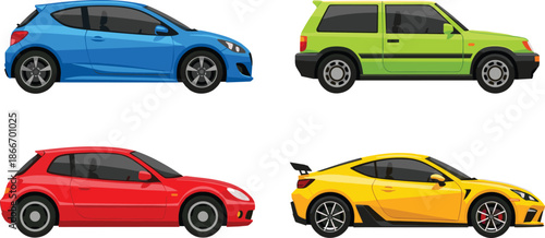 Colorful car vector set, hatchback SUV compact sports, vehicle design icons, automotive illustration, transportation styles, grid layout