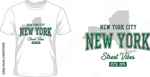 Vintage New York City street vibes typography with state map silhouette, retro collegiate varsity sports badge for urban streetwear apparel and clothing brand