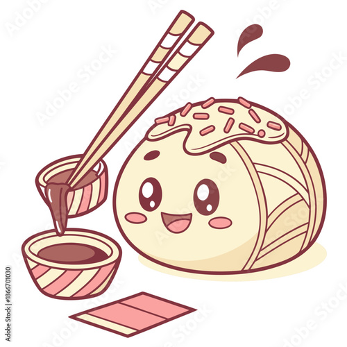 Delightful Kawaii Sticker featuring a smiling Japanese food snack, perfectly illustrated with chopsticks dipping into savory sauce for an adorable culinary treat