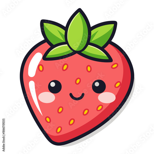 Cute red strawberry character Kawaii Sticker. Smiling fruit illustration, sweet Japanese food aesthetic, brings playful joy to designs, happy snack themes