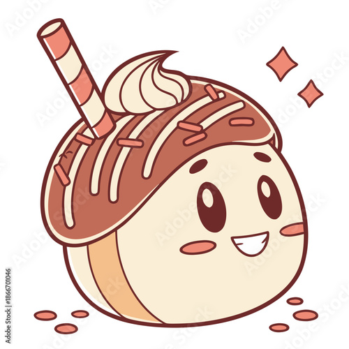 Smiling kawaii dessert character with chocolate frosting, sprinkles, and cookie stick, an adorable Kawaii Sticker for charming Japanese food themes