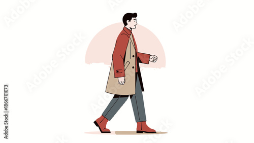 Man in Autumn Coat Walking Forward, Minimalist Flat Illustration