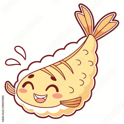 Cheerful and adorable deep-fried tempura character illustration, embodying delicious Japanese food, perfect as a playful Kawaii Sticker for graphic designs
