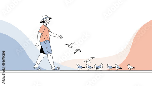 Man in hat walking by seagulls at the beach, illustration, summer, coastal scene