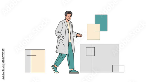 Man in Lab Coat Walking Near Geometric Shapes, Science Concept