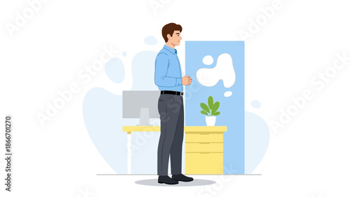 Man in Office Standing by Desk and Blue Partition, Flat Illustration