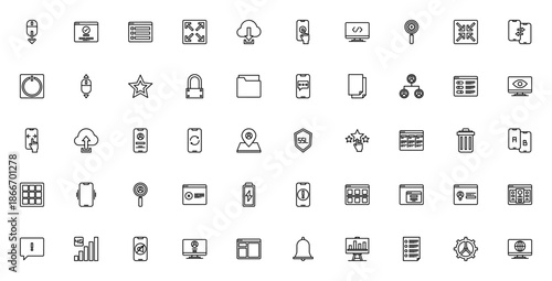 UI and UX icon set. Minimal linear vector icons pack. Includes symbols for scroll, search, download, lock, notification, user profile, apps, battery, and more. Editable stroke.