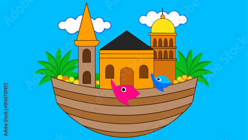 Cartoon boat with tropical architecture