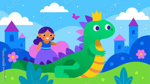 Young girl riding a friendly dragon
