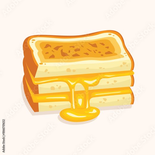 A flat illustration of grilled cheese sandwiches with dripping melted cheese, ideal for comfort food branding and cafe menus.
