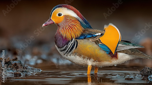a colorful mandarin duck standing in shallow water, wet feathers visible