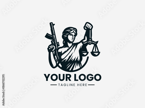 Themis justice figure holding a gun symbolizing law enforcement authority and firm legal protection in black vector logo illustration