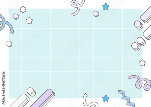 水色グリッド背景のレトロ装飾フレーム｜余白あり横長デザイン A4 高画質