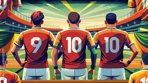 Three soccer players watching a match