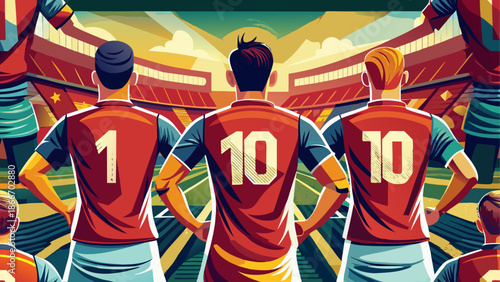 Three rugby players standing together on the field